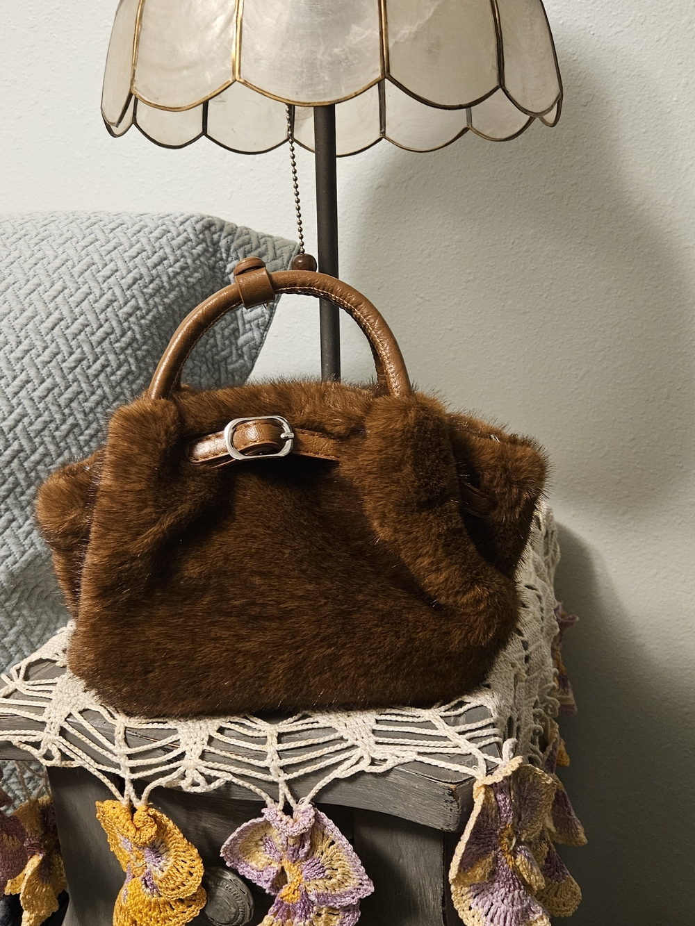 Classic Faux Fur Top-Handle Bag in Brown